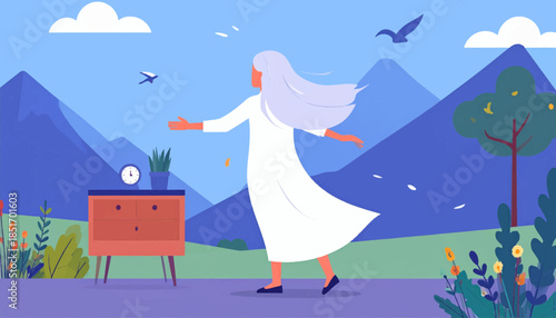 Woman in white dress walking towards blue mountains under a blue sky with birds