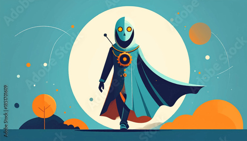 Stylized robot-like character in cloak, against large off-white circle on a teal backdrop with orange accents