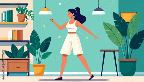 Woman in white outfit walks in interior room full of plants and simple furniture
