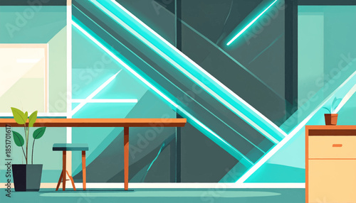 Stylized room featuring a desk, plant, and modern geometric window design with teal and orange hues