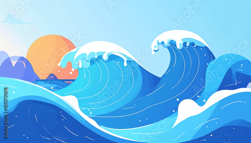 Stylized sea waves crashing under the bright sun, with mountains in distance, painted in calming blue hues