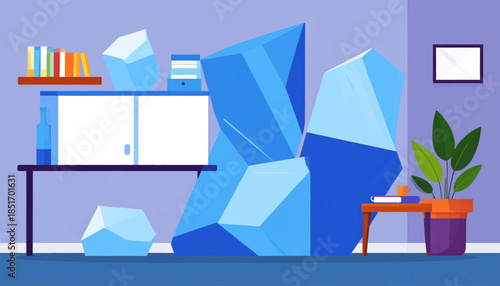 Stylized room filled with geometric objects, desk, books, plant