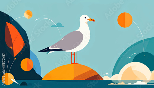 Stylized seagull stands on a yellow mound against a blue sky and sea, with abstract shapes and vibrant colors