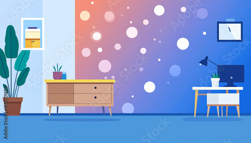Stylized room featuring furniture, potted plants, desk, computer, & colorful wall with bubbles