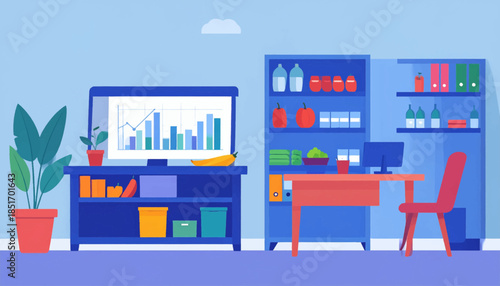 Stylized room illustration with a chart on a screen, plant, desk, and shelving in blue and red tones