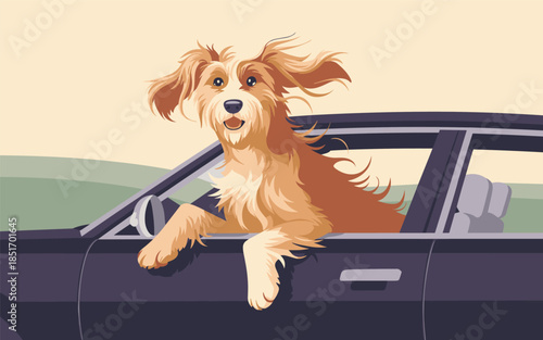 A happy dog sticking its head out of a car window while driving on a road