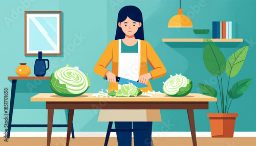 Woman in yellow cardigans cuts cabbage on wood table in a teal, warm-toned kitchen setting, with potted plant