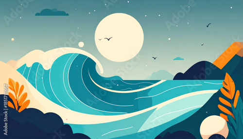 Stylized seascape A large wave dominates with moon, birds, stylized plants and mountains in muted teal hues