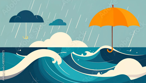 Stylized seascape waves under rain, with clouds and an orange umbrella