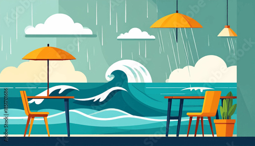 Stylized seaside cafe with orange umbrellas and furniture overlooks a stormy ocean under a cloudy, rainy sky