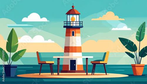 Stylized seaside scene featuring a lighthouse, seating area, and plants under a cloudy sky