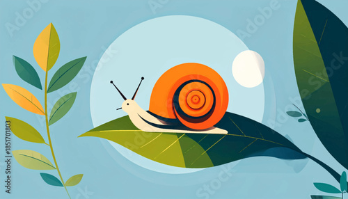 Stylized snail illustration orange shell, resting on green leaf, beside leafy branch, against light blue background