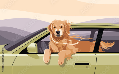 A Golden Retriever dog enjoys a car ride with its head out of the window on a sunny day