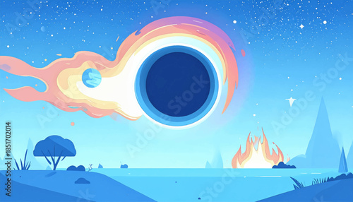 Stylized scene features a black hole above stylized landscape, under a starry sky