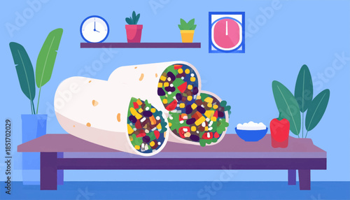 Stylized scene of a cut burrito on a table, with plants, clocks, and blue accents against a light blue wall