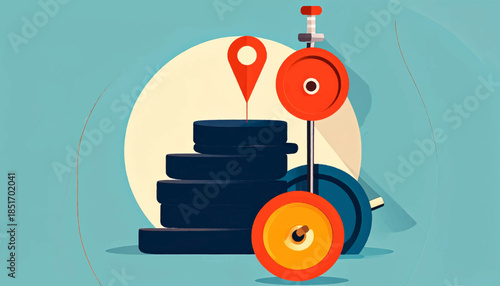Stylized stack of weights with marker and barbell on teal background with an off-white circle