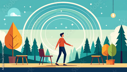 Stylized scene of a person walking through a park with trees and seating under a starry sky and radiating circles