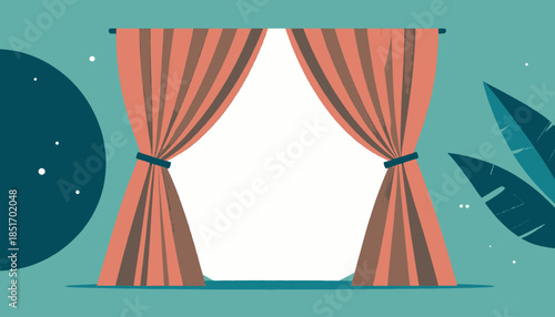 Stylized stage with curtains drawn open to a bright, empty space. Large moon, leaves on teal background