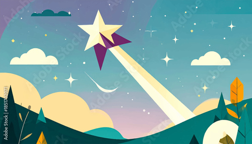 Stylized starscape over landscape with geometric clouds, plants, moon and sky with a trail