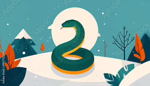 Stylized teal and orange snake coiled in snow against a blue sky
