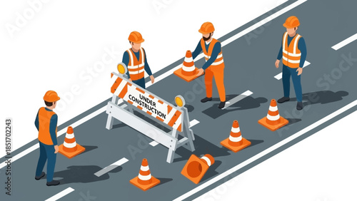 Illustration of road workers setting up traffic cones and a barrier on a highway with a white background.