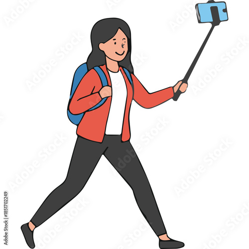 Woman with Backpack Takes Selfie with Stick