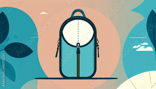 Stylized, teal backpack with a yellow zipper amidst abstracted peach sky and teal foliage illustration