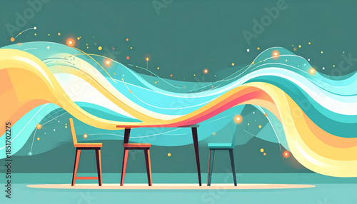 Stylized scene of a table with chairs, adorned with colorful abstract waves and floating lights