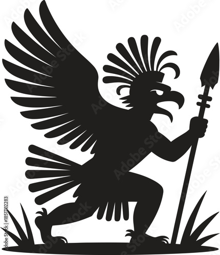 Tribal eagle warrior silhouette vector, ancient bird fighter icon, mythic spear character isolated on white background