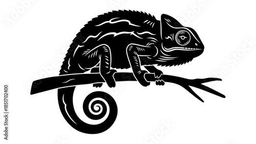 Black silhouette of a chameleon perched on a tree branch with a curled tail, perfect for graphic design and nature-themed projects