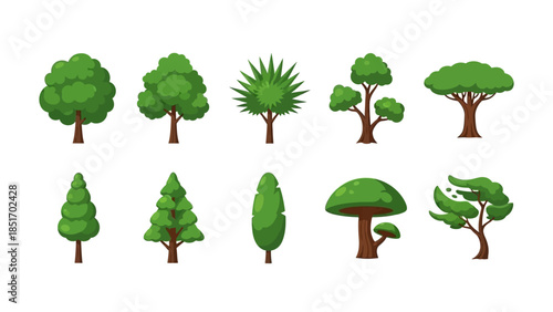 Collection of diverse stylized green trees, showcasing various shapes and sizes for natural and artistic applications