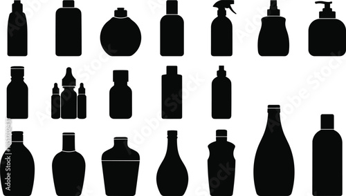 Black bottle silhouettes collection, cosmetic packaging vector set, spray containers, lotion pump jars, essential oil dropper vials, plastic beauty product outlines, isolated liquid dispenser icons.