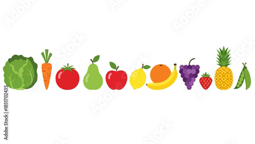 A vibrant collection of fresh fruits and vegetables displayed in a row, showcasing a variety of healthy produce