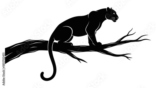 Illustration of a black panther perched on a tree branch, evoking power and mystery in nature