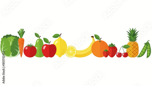 Assortment of Fresh Fruits and Vegetables in a Row on White Background