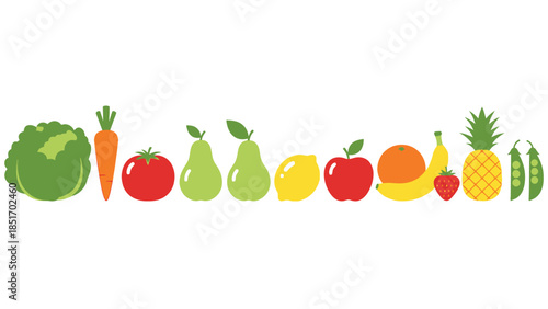 A colorful assortment of fresh fruits and vegetables arranged in a horizontal line, showcasing a healthy variety of produce