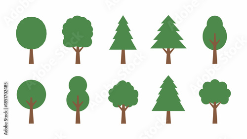 Collection of various stylized trees, including deciduous and coniferous types, presented in a flat, minimalist design