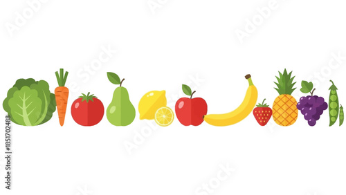 A vibrant and colorful collection of fresh fruits and vegetables arranged in a linear pattern, perfect for healthy eating and lifestyle content