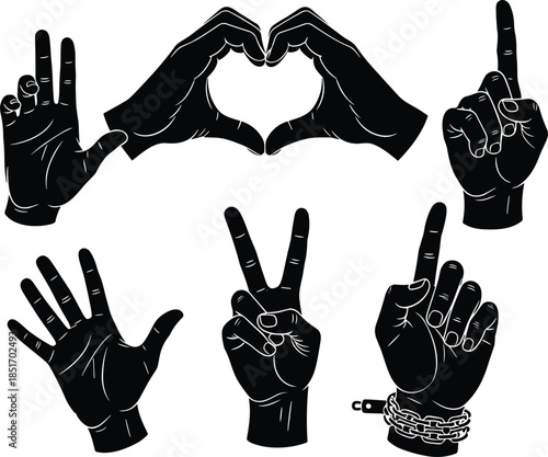 Black silhouette hand gestures collection, heart symbol, peace sign, counting fingers, unity concept, chained wrist, freedom protest, human palm icons, isolated vector set, communication.
