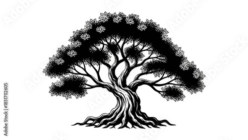 Stylized illustration of a large, ancient tree with sprawling branches and intricate roots, evoking a sense of wisdom and longevity
