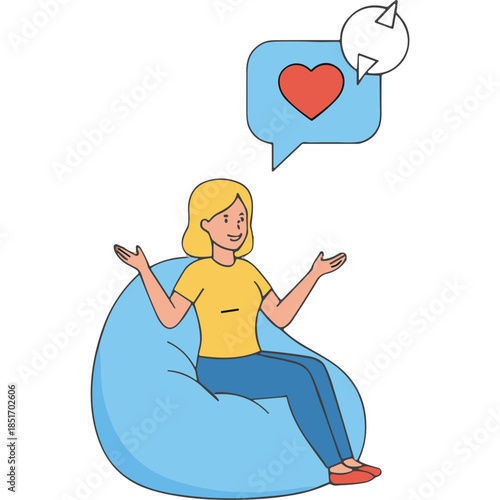 Woman Receiving Positive Feedback on Beanbag Chair with Heart Icon