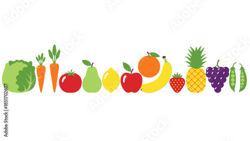 A colorful assortment of fresh fruits and vegetables arranged in a linear pattern, showcasing a healthy and vibrant selection