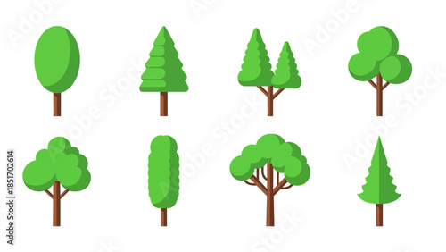 Collection of diverse stylized trees representing different types and shapes
