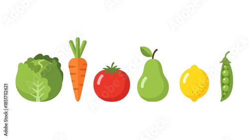 A vibrant collection of fresh vegetables and fruits, including lettuce, carrot, tomato, pear, lemon, and peas, showcasing a healthy and nutritious assortment