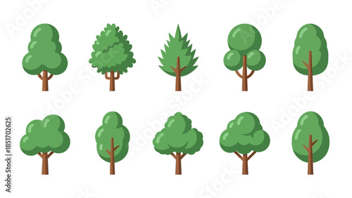 A collection of stylized green trees, showcasing diverse shapes and designs ideal for graphic illustrations and digital art projects