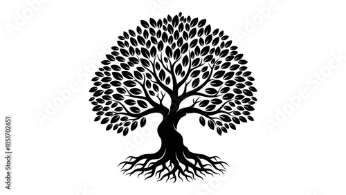 Symbolic black and white illustration of a tree with deep roots, representing life, growth, and connection