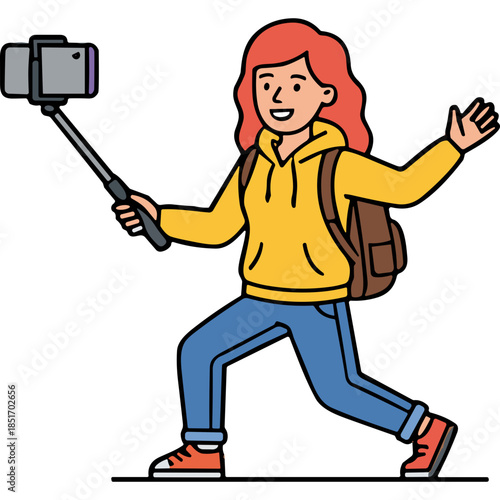 Woman Traveler Recording Selfie with Stick