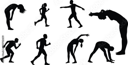 Collection of fitness silhouettes featuring men and women running, stretching, and exercising, perfect for sports training, wellness concepts, and healthy lifestyle vector designs