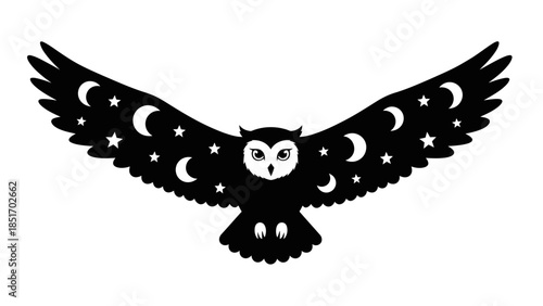 Whimsical Owl Silhouette with Celestial Moon and Star Accents