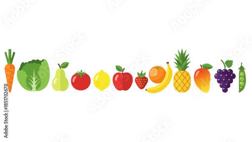 A colorful array of fresh fruits and vegetables arranged in a line, showcasing a vibrant assortment of healthy food options for a balanced diet